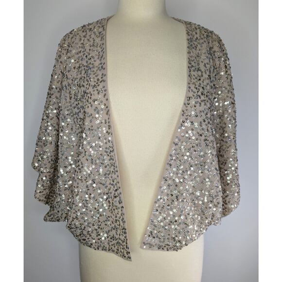 Halogen Open Front Neutral Gold Sequin Cardigan Shrug Women's Size Large P - Picture 1 of 9